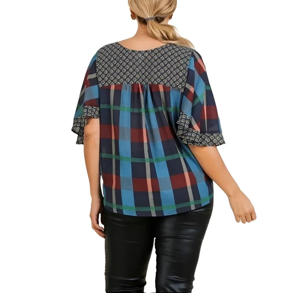 Plus Size Plaid V Neck Faux Wrap Flutter Sleeve Blue Top - Picture 4 of 5